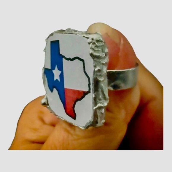 Broken China Texas Flag Ring Handcrafted With Silver Alloy Metalwork Boho Style - Picture 10 of 16